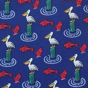 100% REAL HERMES TIE ~ BLUE w PLAYFUL WHITE PELICANS & FUN RED FISH
